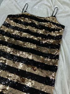 Gold Sequin Striped Knee Length Dress