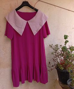 Dark Pink Dress with Korean Style Peter Pan Collar