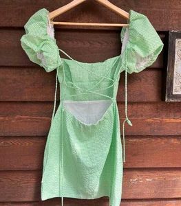 ZARA - Green Gingham Check Puff Sleeves Dress