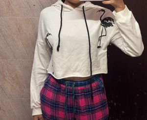 Cropped Flamingo Print White Hoodie