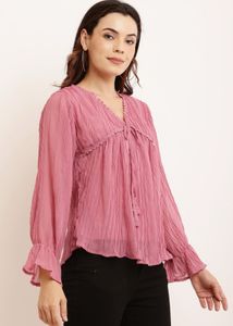 Mauve Tie-Neck Ruffle Sleeve Top