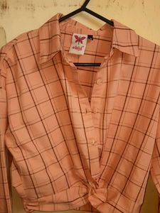 Peach Plaid Tie-Front crop Shirt