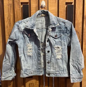 Distressed Dark Blue Crop Denim Jacket