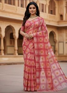 Elegant Pink Checked Saree