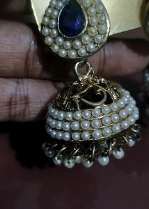 Blue Stone Matching, Pearl Work On Metal, Party Wear,Used Rarely 1time, unfortunately My Tinny Ear Can&#39;t Handle This Beautiful Earrings 😔