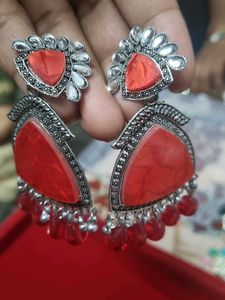 Red Stone Silver Dangle Earrings