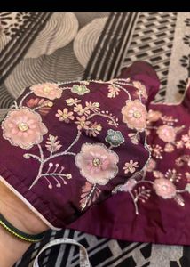 Wine Floral Painting+embroidered Blouse