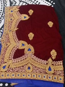 maroon and navy blue velvet saree