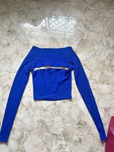 Blue Long Sleeve Cutout Top