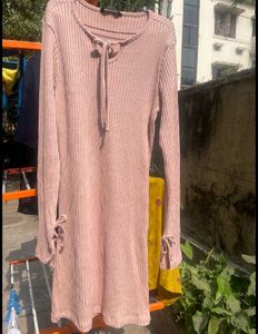 Pink Ribbed Long Sleeve Dress