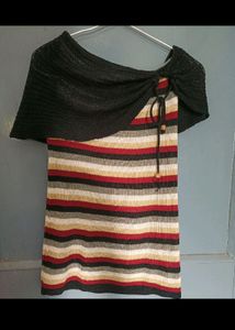 Striped Knit Dress with Black Shawl