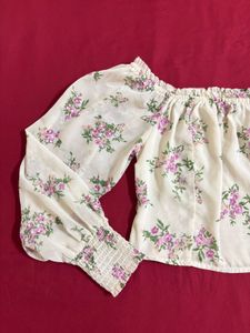 Beige Off Shoulder Floral Top