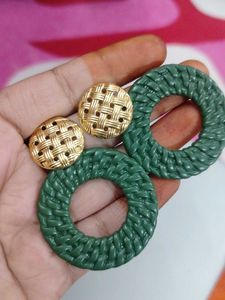 Green &amp; Gold Woven Circle Earrings