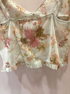 Beautiful Floral Ruffle Trim Mesh Top