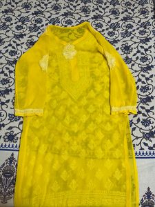 Women chiffon Chikankari Yellow Kurta