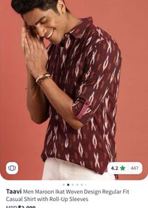 Taavi Men Maroon Ikat Woven Design Regular Fit Cas