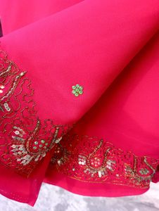 Red Georgette Saree With Hand Done Embroidery