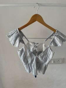 Mango off White Printed Top w Open Back Details