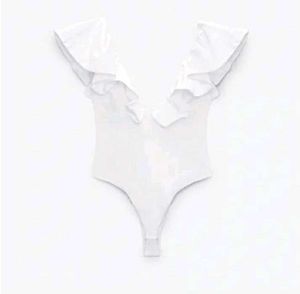 ZARA White Ruffle Bodysuit Top