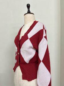 red Argyle Knit Cardigan