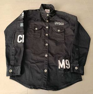 Stylish Black Graphic Denim Shirt, M Size