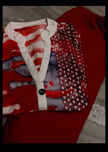 Red &amp; White Printed Kurti Set