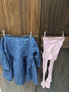 Denim Dress with Pink Leggings