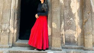 Red Accordion Pleated Satin Finish Flared Skirt