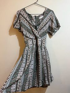 Korean Green Pattern V Neck Dress