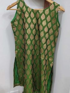 Green &amp; Gold Silk Suit And Dupatta