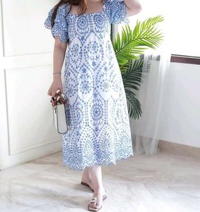 Schifili Cutwork White And Blue Dress