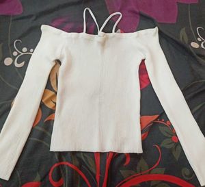 White Off-Shoulder Ribbed Long Sleeve Top