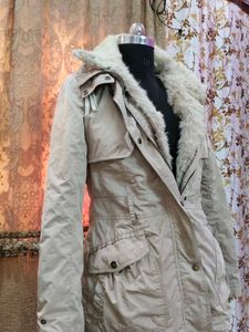 Beige Faux Fur Trimmed Coat