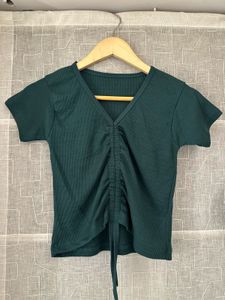 Green Ruched V-Neck Top
