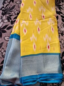 NEW Yellow Chiffon Saree With Golden Tissue Border