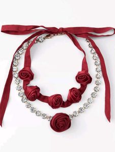 ZARA Red Rose Ribbon & Rhinestone Necklace