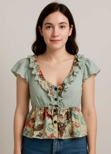 Han Ye Ben Se Floral Ruffled Sleeve Top