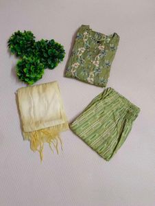 Green Floral Printed Kurti Set with Dupatta