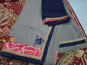 Grey Designated Work Saree With Unstitched Blouse