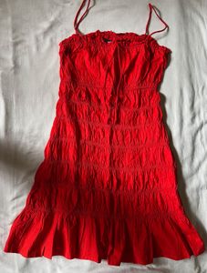 Red Smocked-Detailed Cotton Tiered Dress