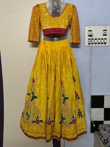 Full Work Embodiment Yellow Lehenga Choli