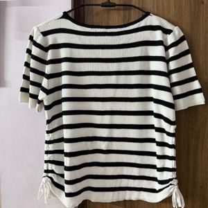 Black &amp; White Striped Knit Top with side drawstrin