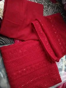 Women&#39;s Red Floral Embroidered Georgette Suits &amp; D