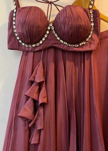 Maroon Embellished Crop Top and Skirt