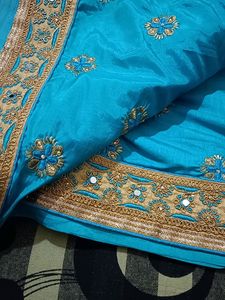 Blue Saree With Mirror Work