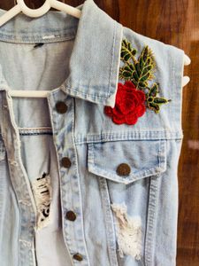 Distressed Denim Vest with Embroidery