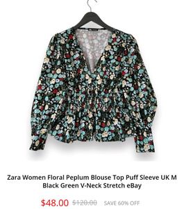 Zara Floral V Neck Peplum Puff Sleeve Top