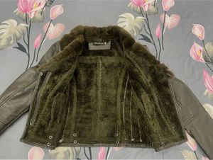 olive Fur Collar Leather Jacket