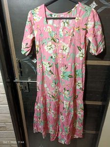Pink Floral Midi Dress with Puff Sleeves