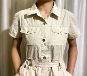 Cream Belt Button Down Dress